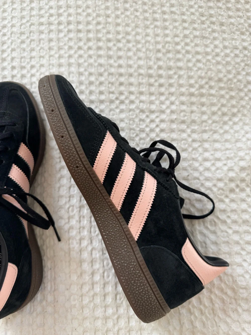 adidas Women’s Black Suede Sneakers with Pink Stripes